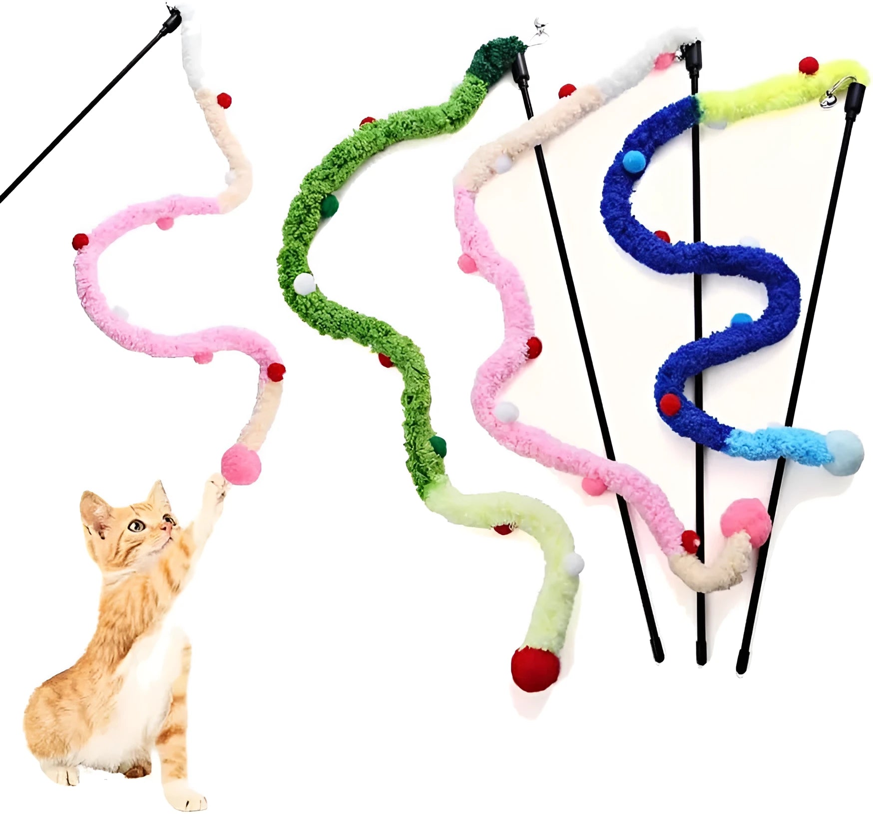 Blue interactive cat wand toy with a long plush strip, fluffy ball, and bells on a 41cm pole.