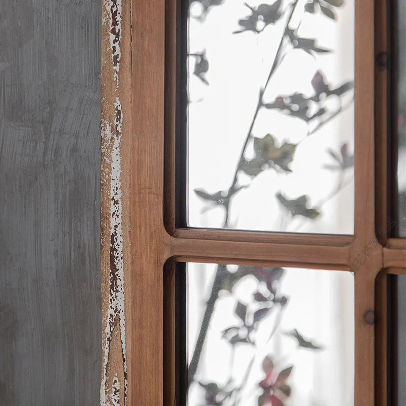 Distressed wooden frame fake window wall mirror with glass panel in log colour