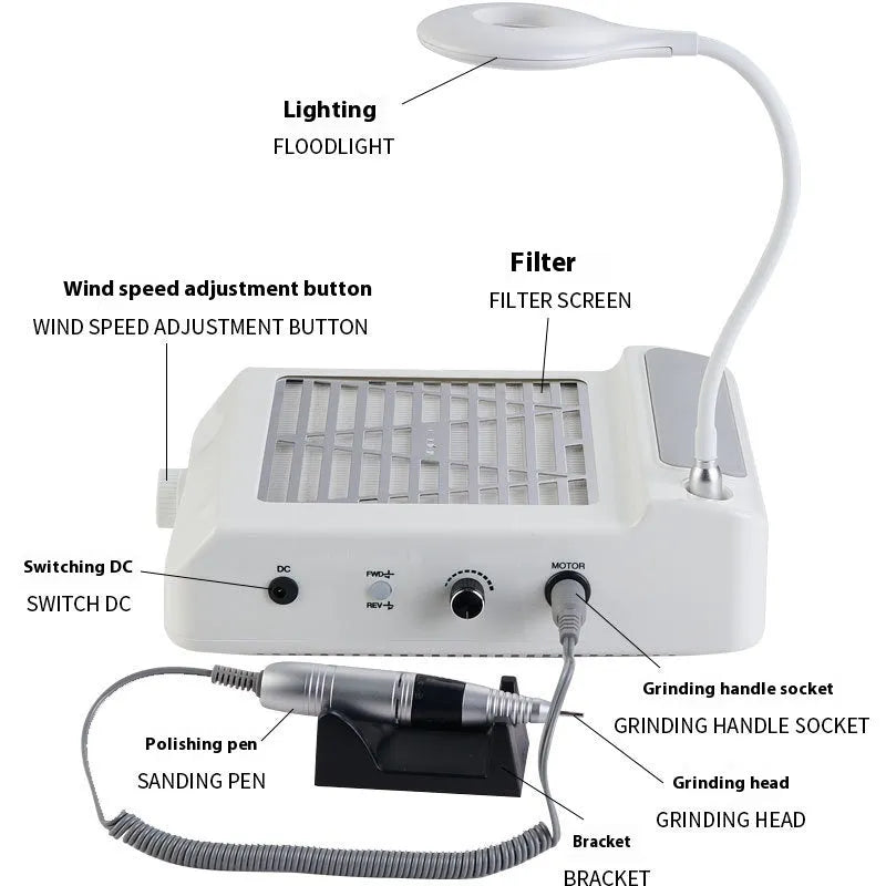 White four-in-one nail polishing machine with vacuum cleaner system for home and salon use