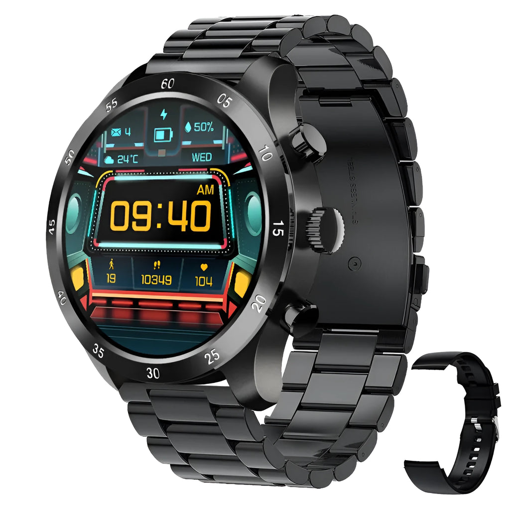 Black smart watch with touch screen display on a steel link bracelet, showing call interface.
