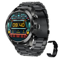 Black smart watch with touch screen display on a steel link bracelet, showing call interface.