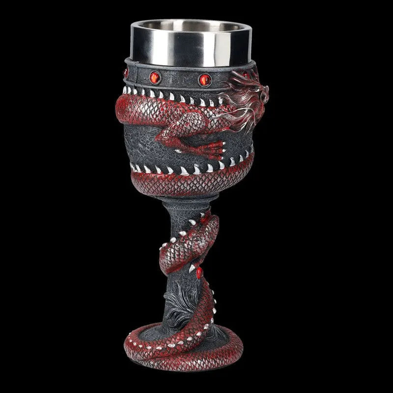 Red wine glass with 3D Chinese dragon design on resin base and stainless steel stem.