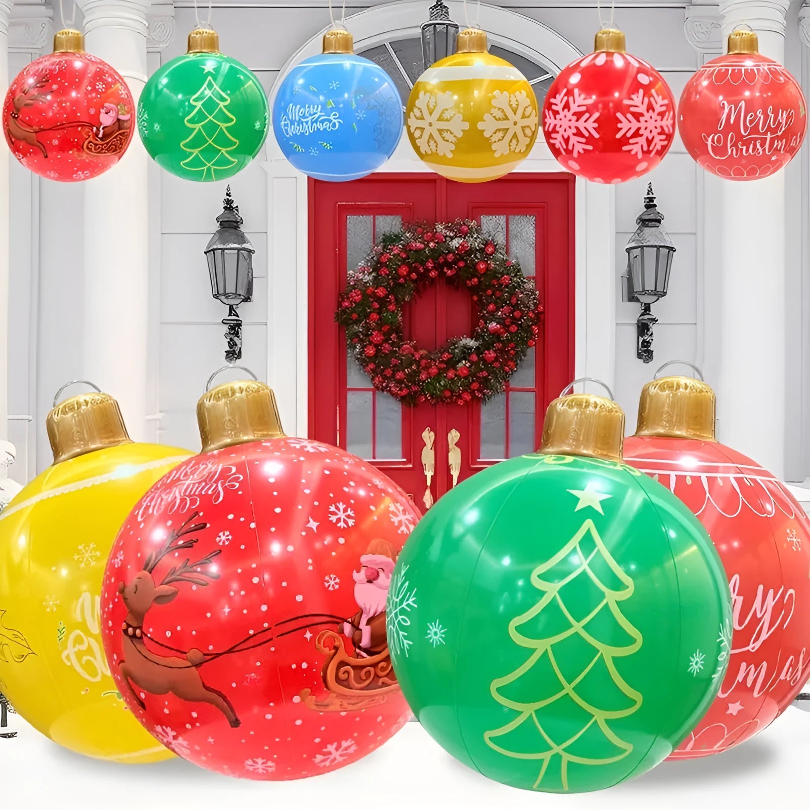 Large inflatable Christmas ball decoration with LED lights in garden setting