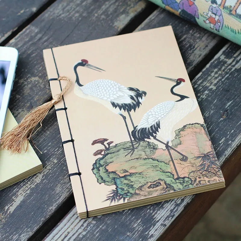 A5 antique wire-bound notebook with retro Chinese painting design on glossy embossed cover