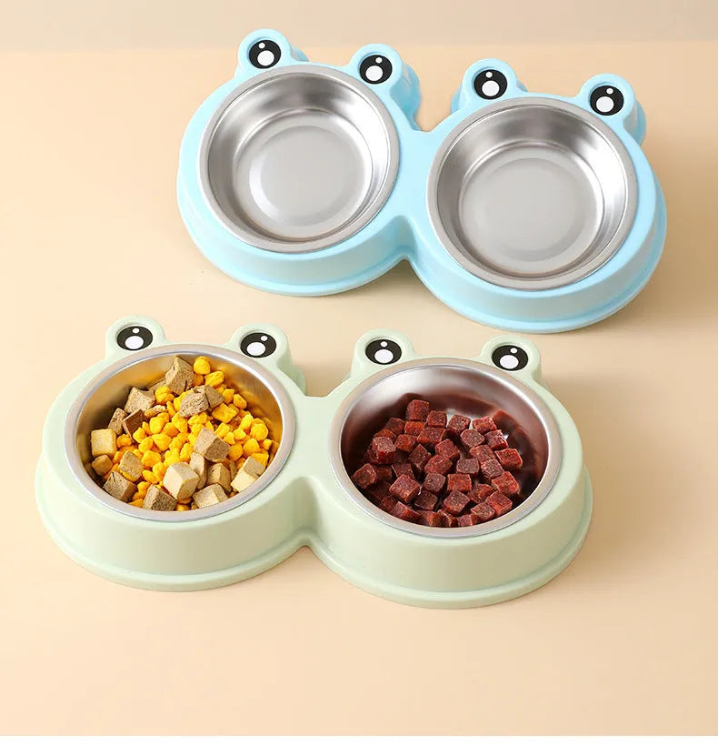 Stainless steel pet double bowl with frog design in blue, for food and water