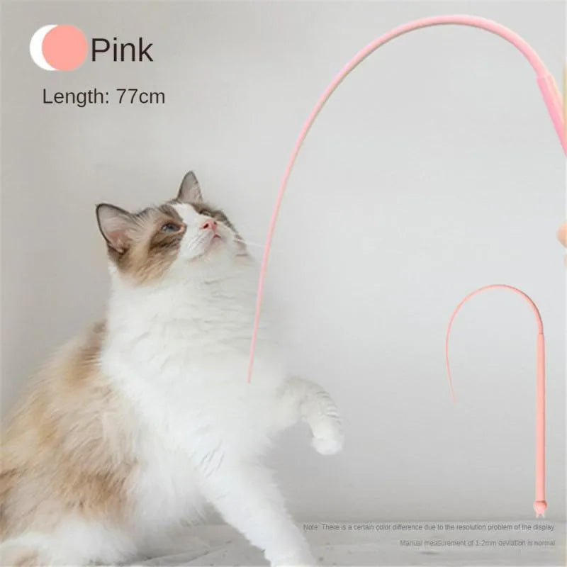 Blue cat teaser wand toy with long silicone mouse tail and cat-shaped handle