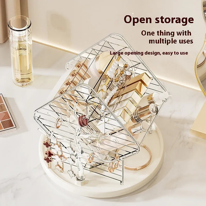 360-degree rotating cosmetics storage box in amber gold or clear plastic for makeup organisation