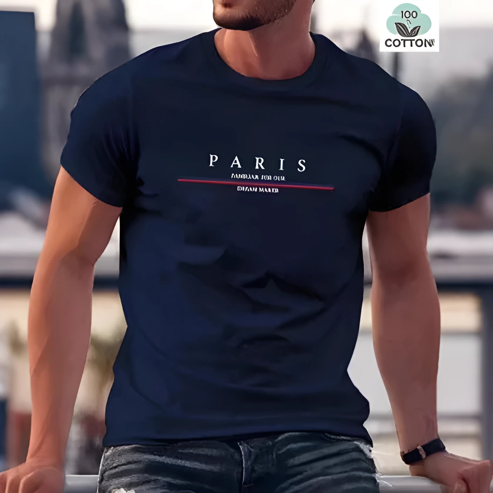 Heavyweight men's short-sleeve t-shirt with large letter print in apricot colour, showing loose fit.