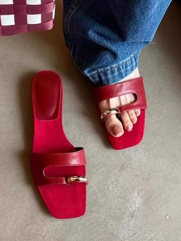 Plus size square head leather slippers with rubber sole in black, red, silver, or white colours
