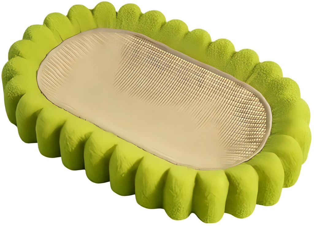 Green oval sisal cat scratcher bed measuring 650mm with scratching surface and lounging area