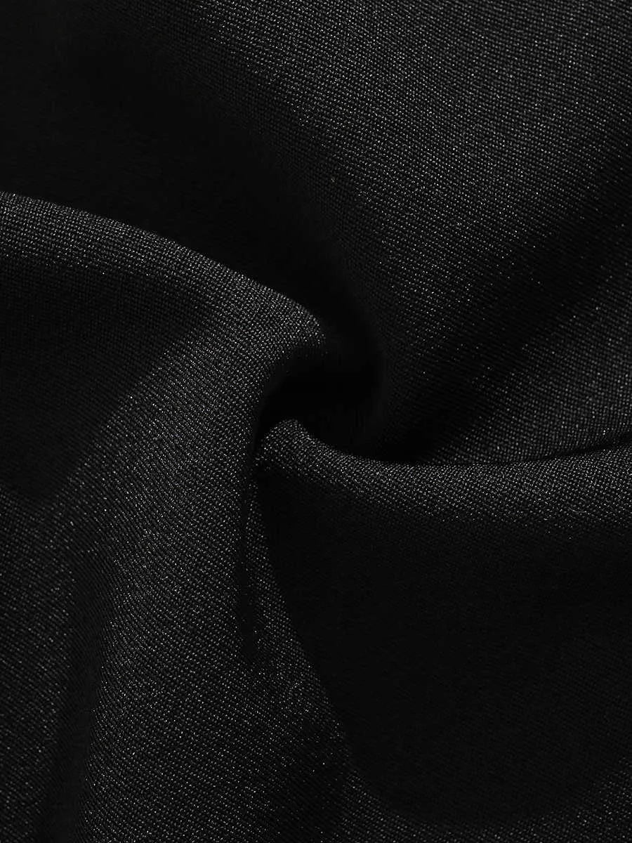 Black men's loose semi-elastic shorts with a colour button and zip fly, straight-leg above-the-knee length.