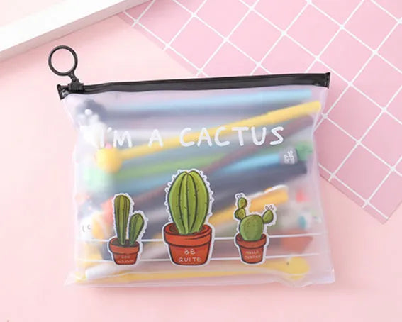 Set of twenty 0.5mm black pens with cactus cartoon designs inside a matching plastic pen case.
