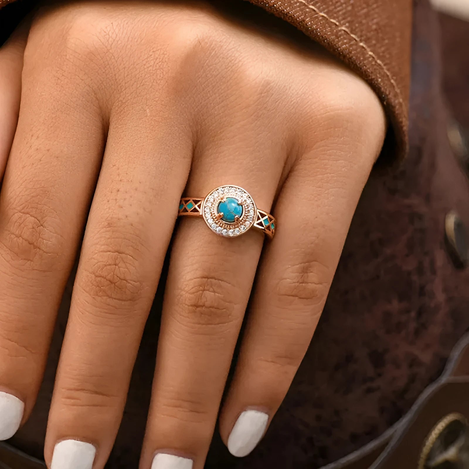 Women's turquoise ethnic ring with geometric zircon designs in rose gold colour