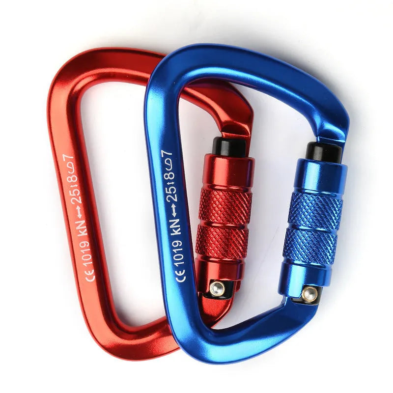 D-shaped climbing carabiner main lock in colours: black, blue, orange, red, silver red with automatic or threaded gate.