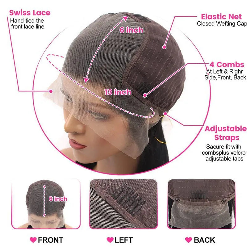 Straight black human hair lace front wig on a model, showcasing a natural hairline and long length.