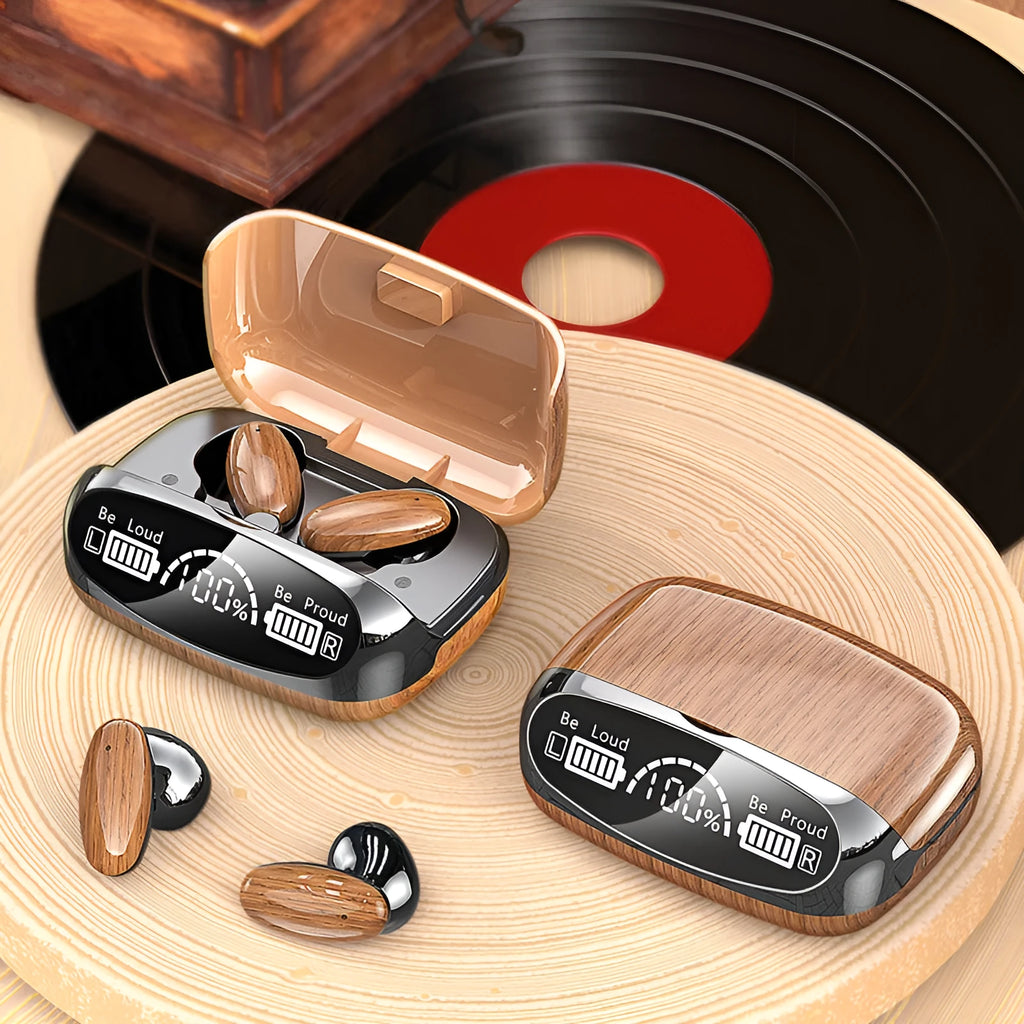 M35 Wood Grain Bluetooth wireless sports headphones with charging case