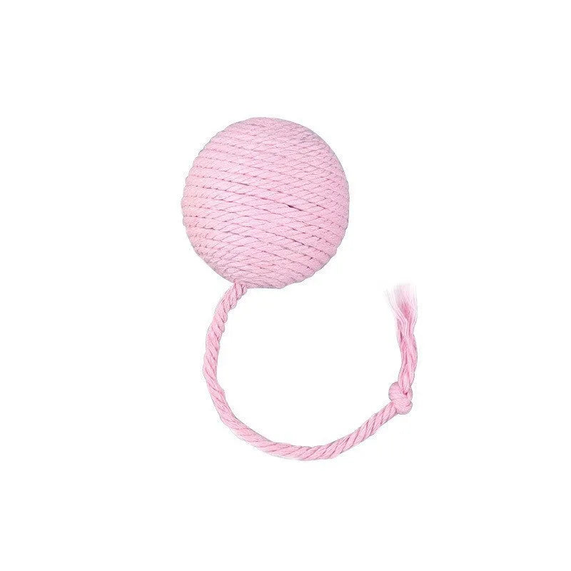 Interactive cat toy ball with rope attachment and built-in bell in green, pink, purple and yellow colours