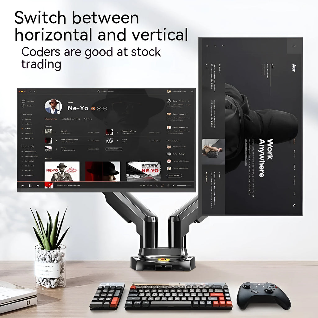 Dual screen monitor lifting bracket made of aluminium and black ABS plastic, showing VESA mount compatibility.