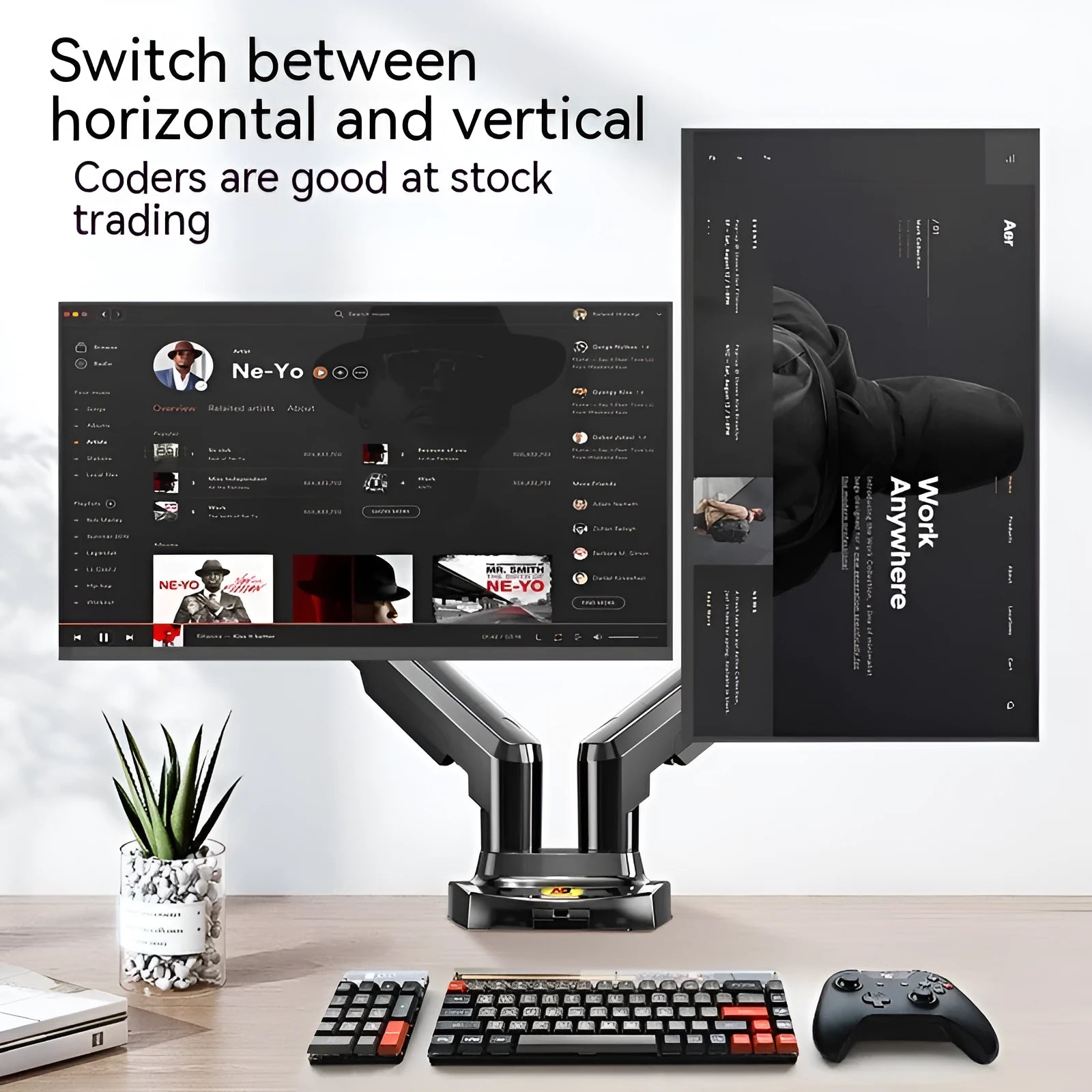 Dual screen monitor lifting bracket made of aluminium and black ABS plastic, showing VESA mount compatibility.