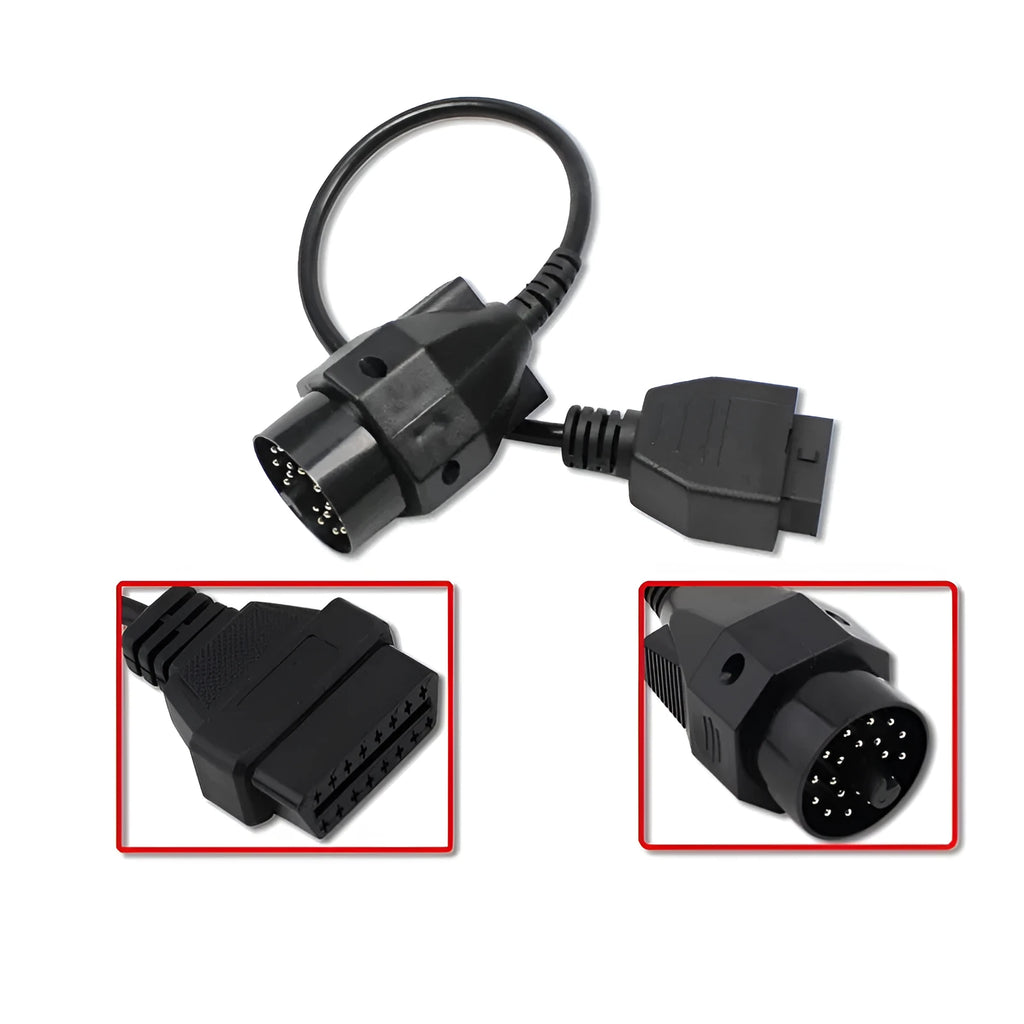 BMW OBD2 diagnostic cable adapter showing 20-pin and 16-pin connectors