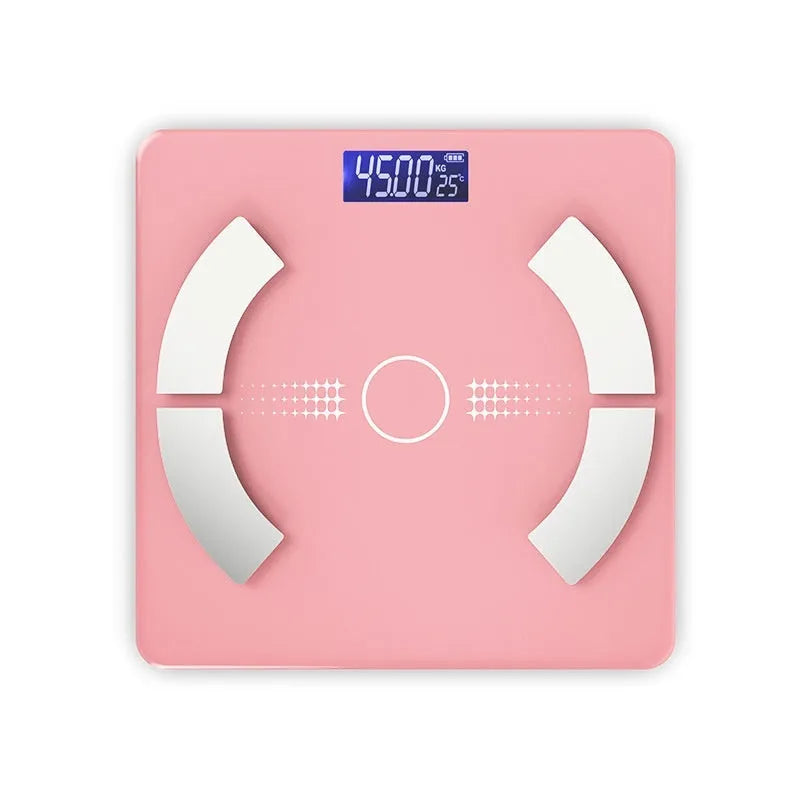 Smart Bluetooth rechargeable body fat scale in white, black, or pink measuring weight, fat, calories, and moisture