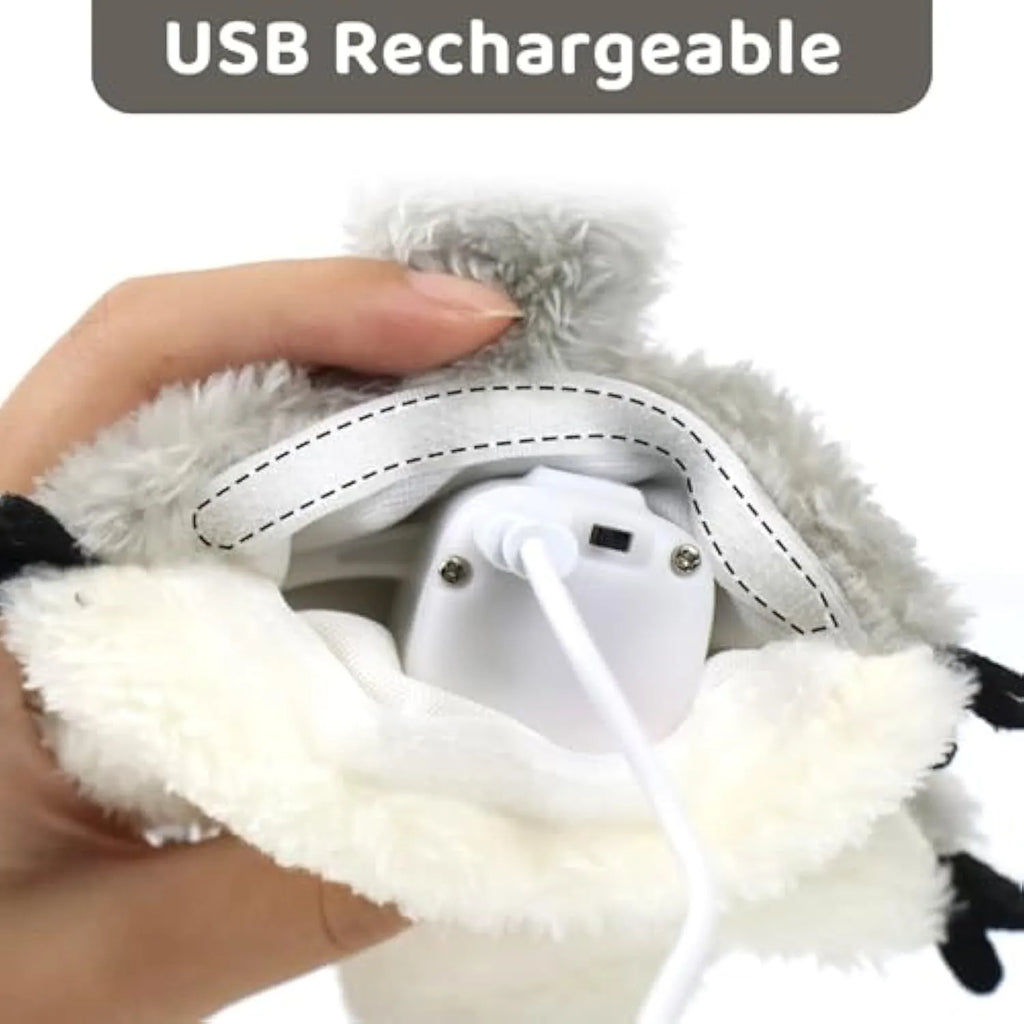 Grey flapping squirrel cat toy with USB charging cable and motion sensor activation
