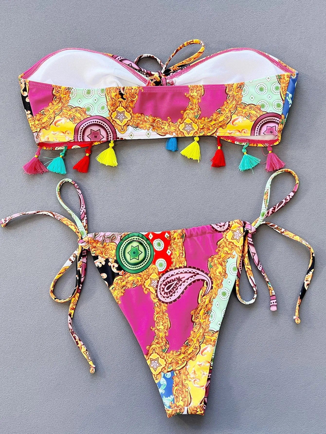 Women's printed tube top bikini swimwear set with briefs, polyester fabric and spandex lining