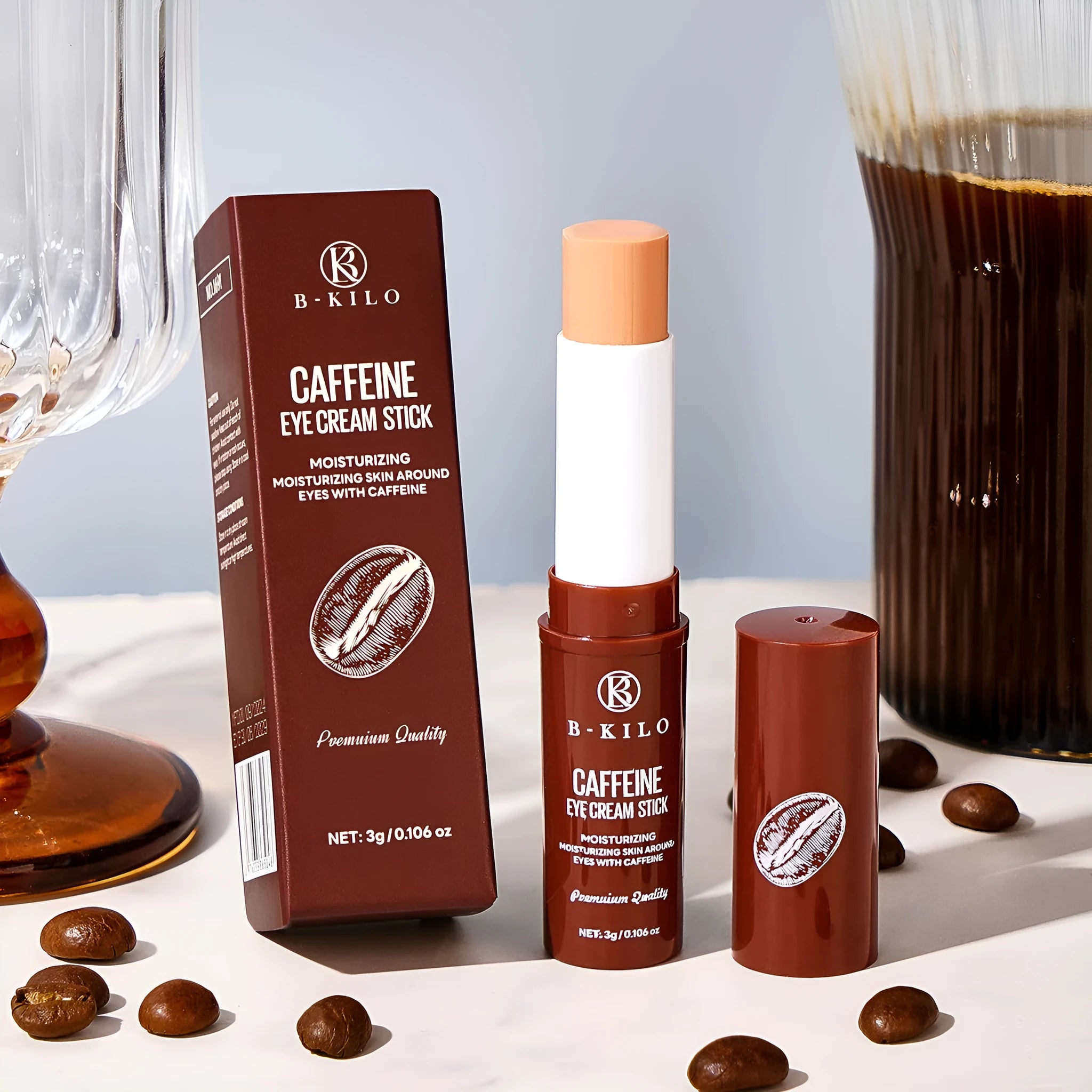 Caffeine eye cream stick with twist-up applicator, 3g net content.