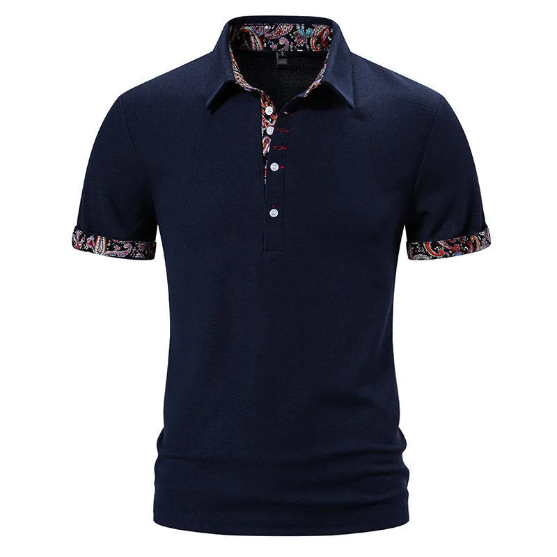 Men's short sleeve polo shirt in cotton blend fabric, showing turnover collar detail in white colour.