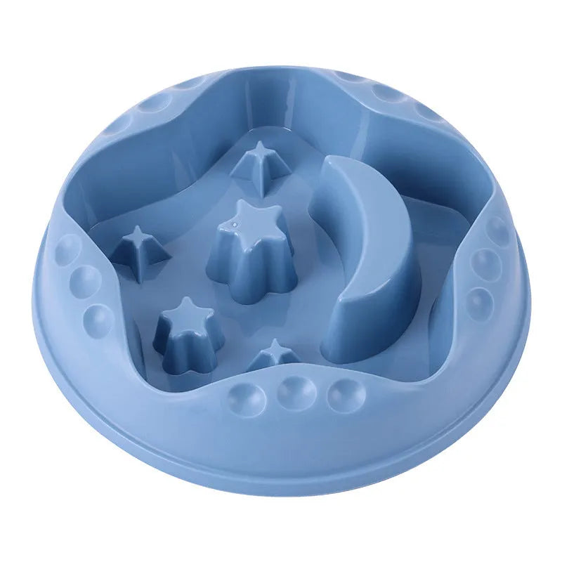 Dog slow feeder bowl with moon, star, and wing pattern in blue colour, large capacity design for feeding and water