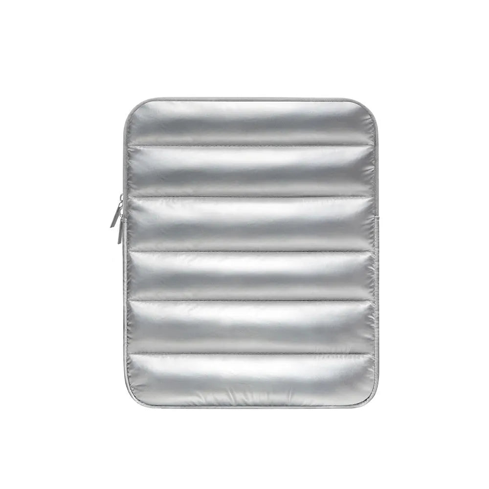 Puff Bag fluffy laptop sleeve for 9.7-11 inch devices in black, khaki, or silver.