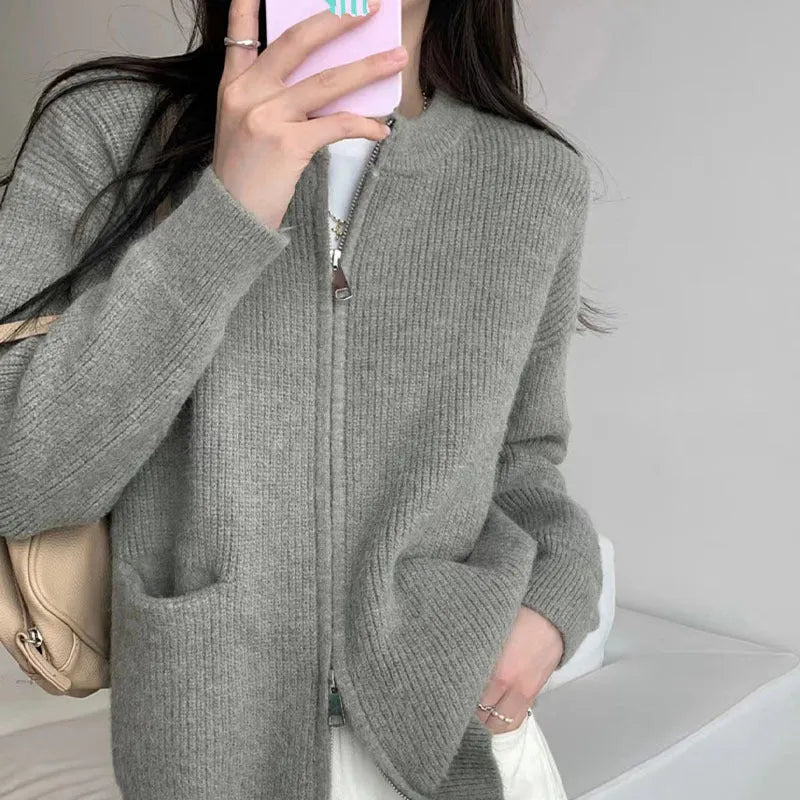 Beige soft glutinous viscose fibre sweater coat cardigan open front long sleeves
