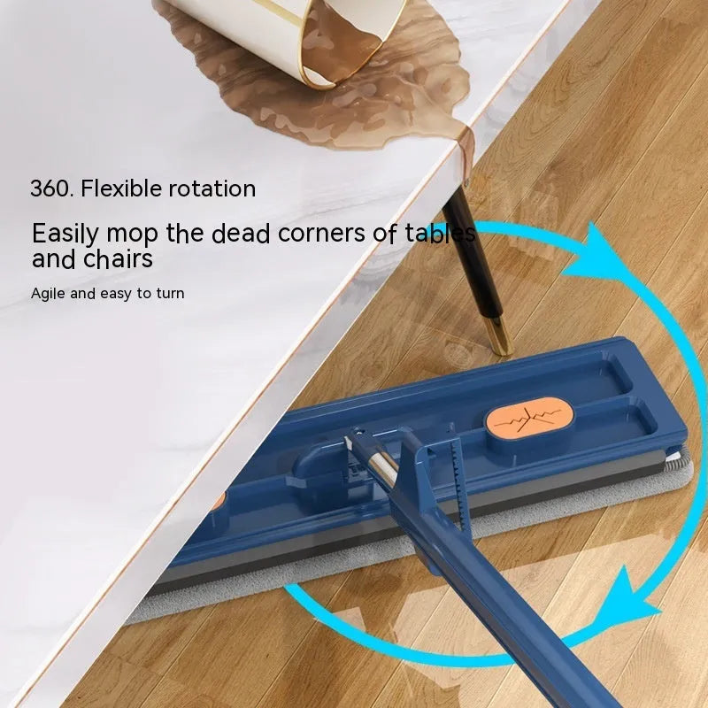 Large flat mop with long stainless steel handle and blue cleaning cloth on hard floor