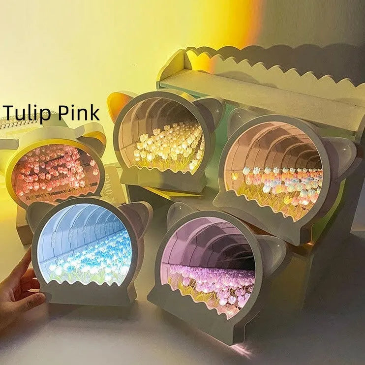 Handmade DIY cat head night lamp with colourful tulip flowers inside silhouette