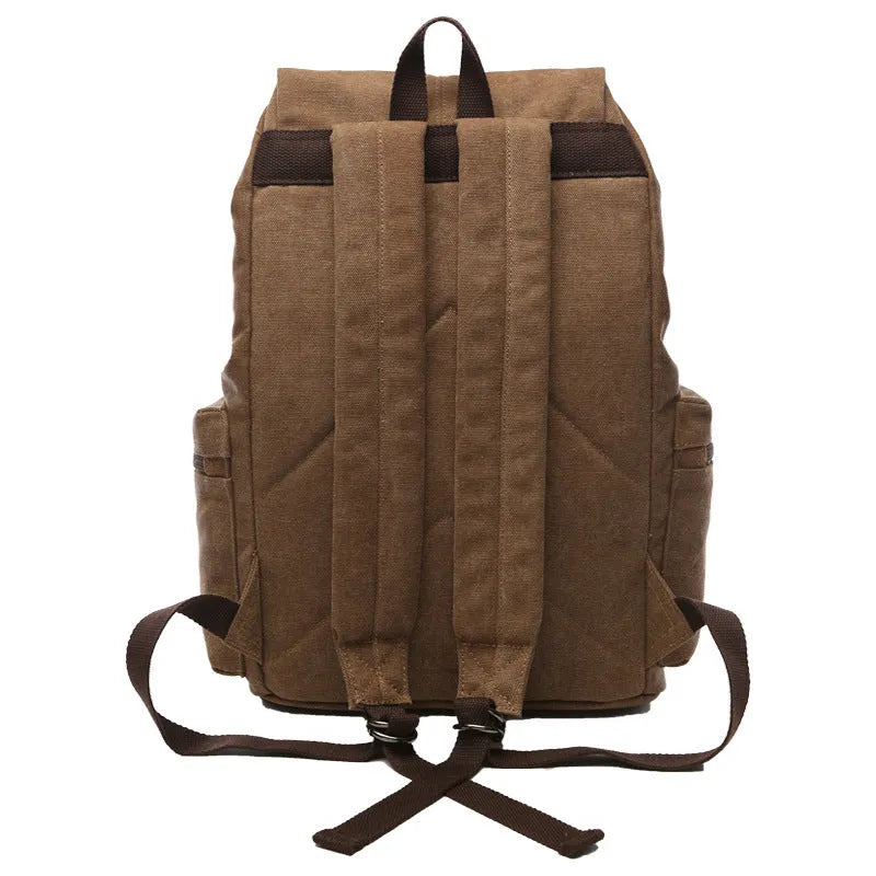 Canvas travel backpack in khaki with air pillow straps and stitched detailing