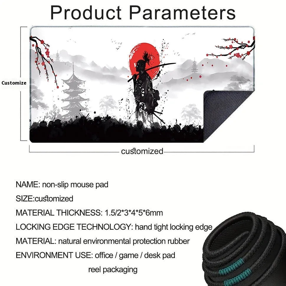 Japanese Samurai design cloth gaming mouse pad with non-slip base on a desk.