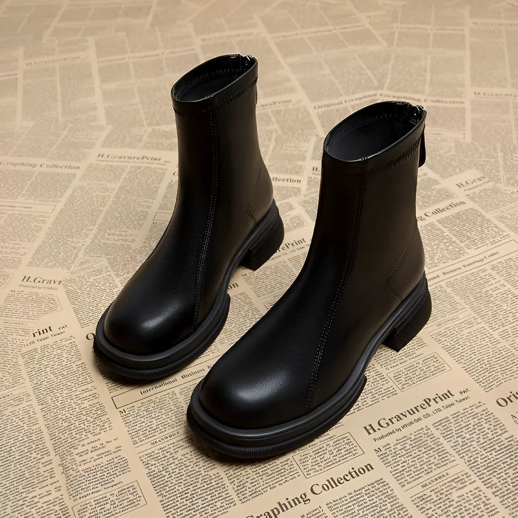 Women's thick heel flat ankle boots with round toe and back zip closure