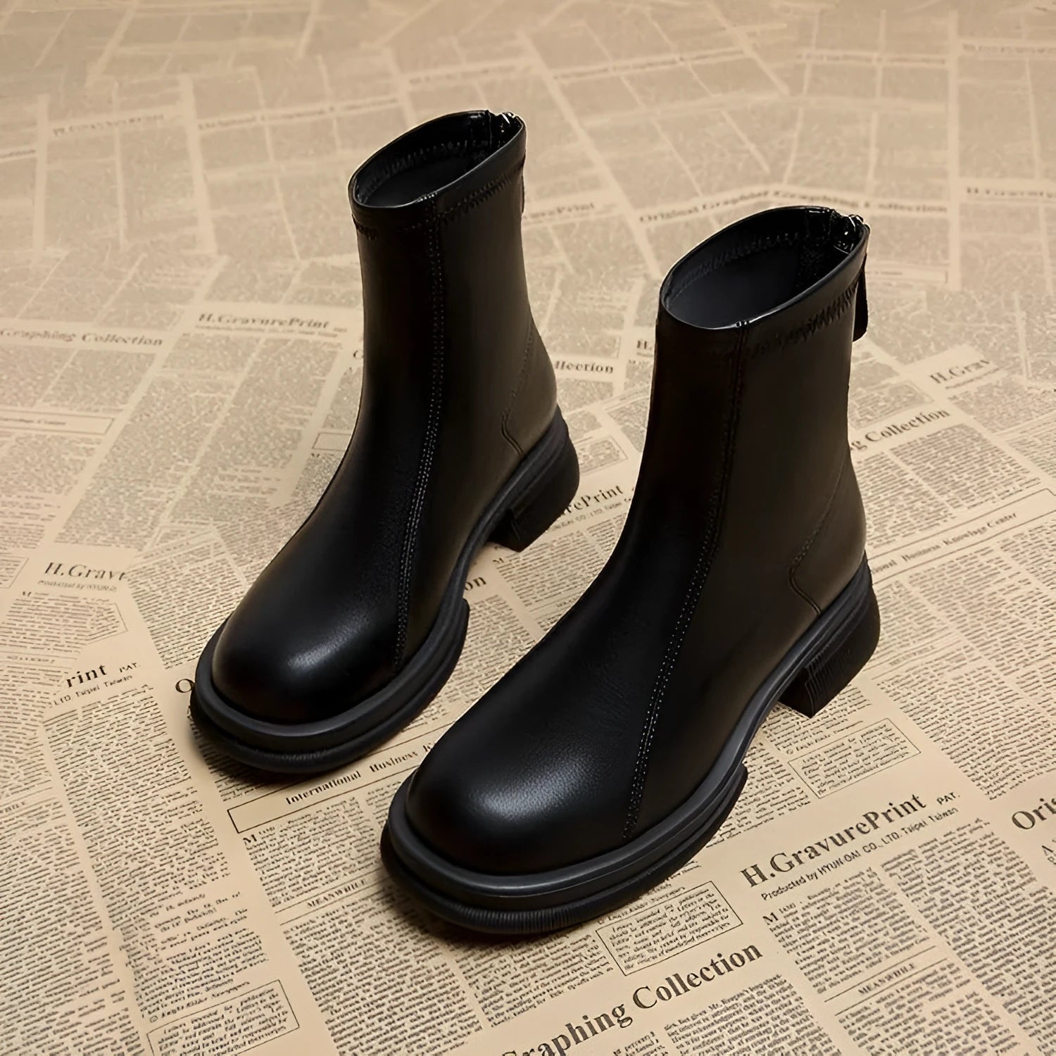 Women's thick heel flat ankle boots with round toe and back zip closure