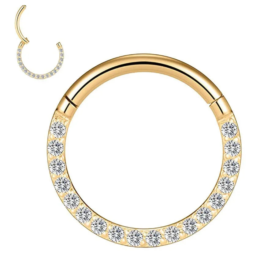 A round stainless steel seamless nose ring shown in gold, rose gold, black, and steel colour finishes.