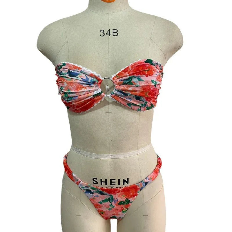 Women's floral lace bikini set with tube top and briefs in blue colour
