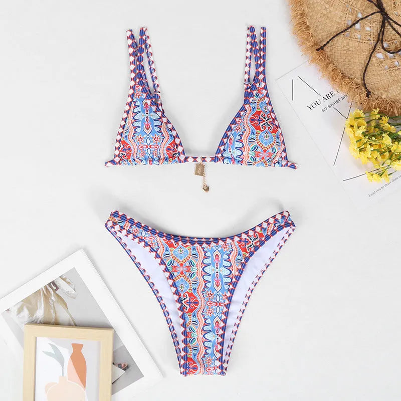 Retro printed women's bikini swimwear in bright four-colour pattern with polyester fabric