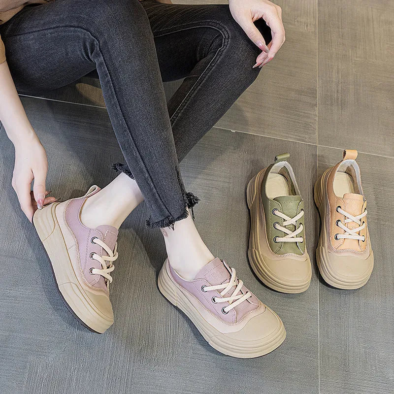 Women's cowhide leather platform sneakers in matcha green with front lace-up design.