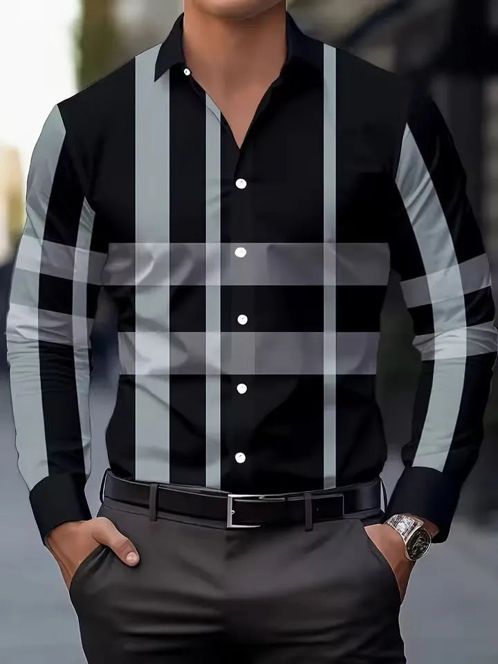 Men's striped button-up shirt with lapel collar in polyester fabric showing button details and sleeve construction
