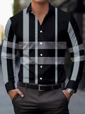 Men's striped button-up shirt with lapel collar in polyester fabric showing button details and sleeve construction