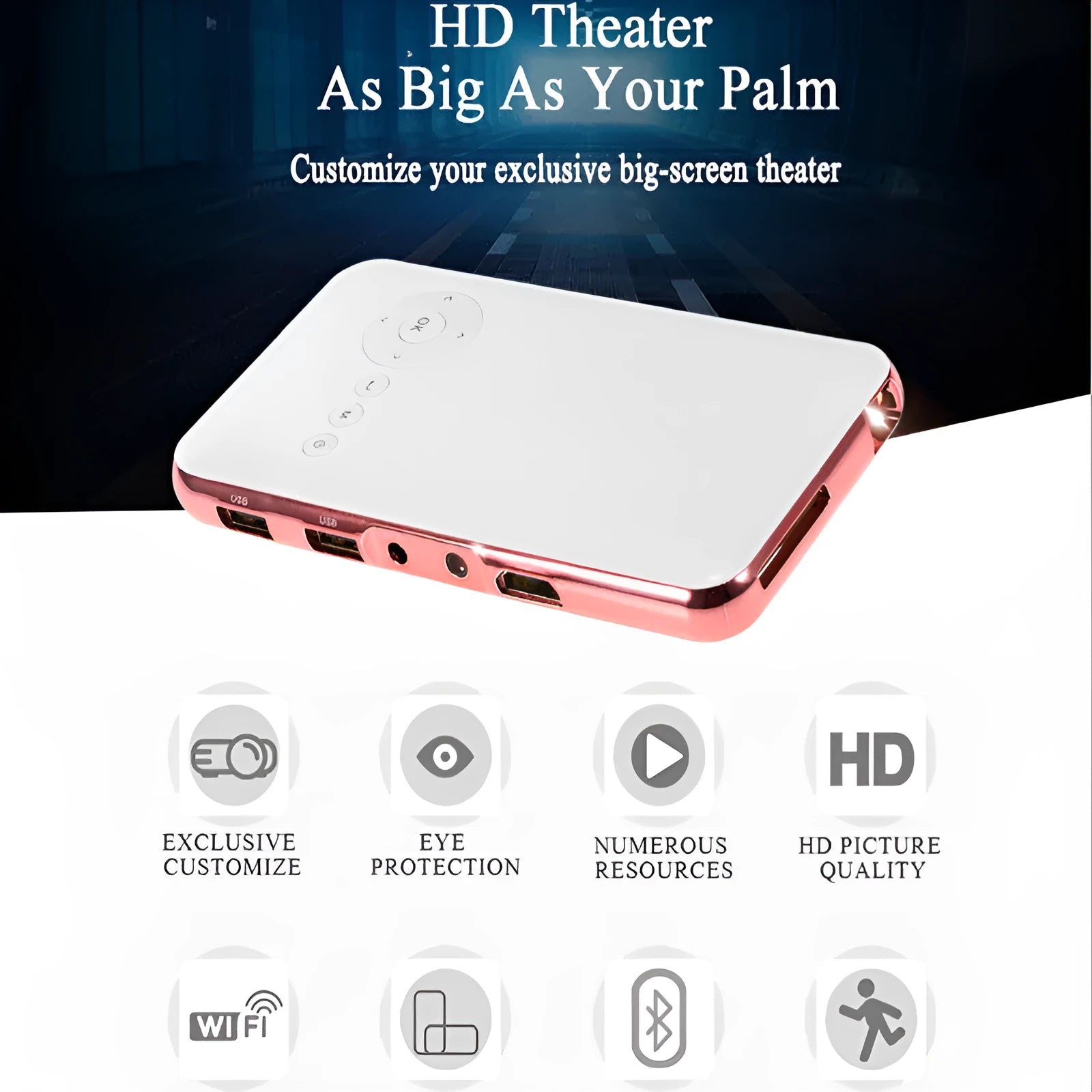 White and rose gold miniature DLP Android projector with compact portable design