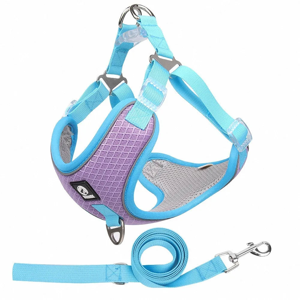 Adjustable dog harness with reflective piping in black, red, grey or light purple colours