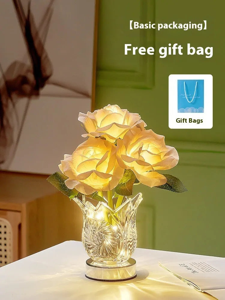 Crystal flowers rechargeable touch control table lamp with dimming function on wooden surface