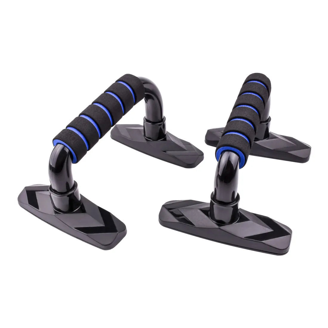 Pair of black I-shaped push up bars with textured PP sponge grips on a floor