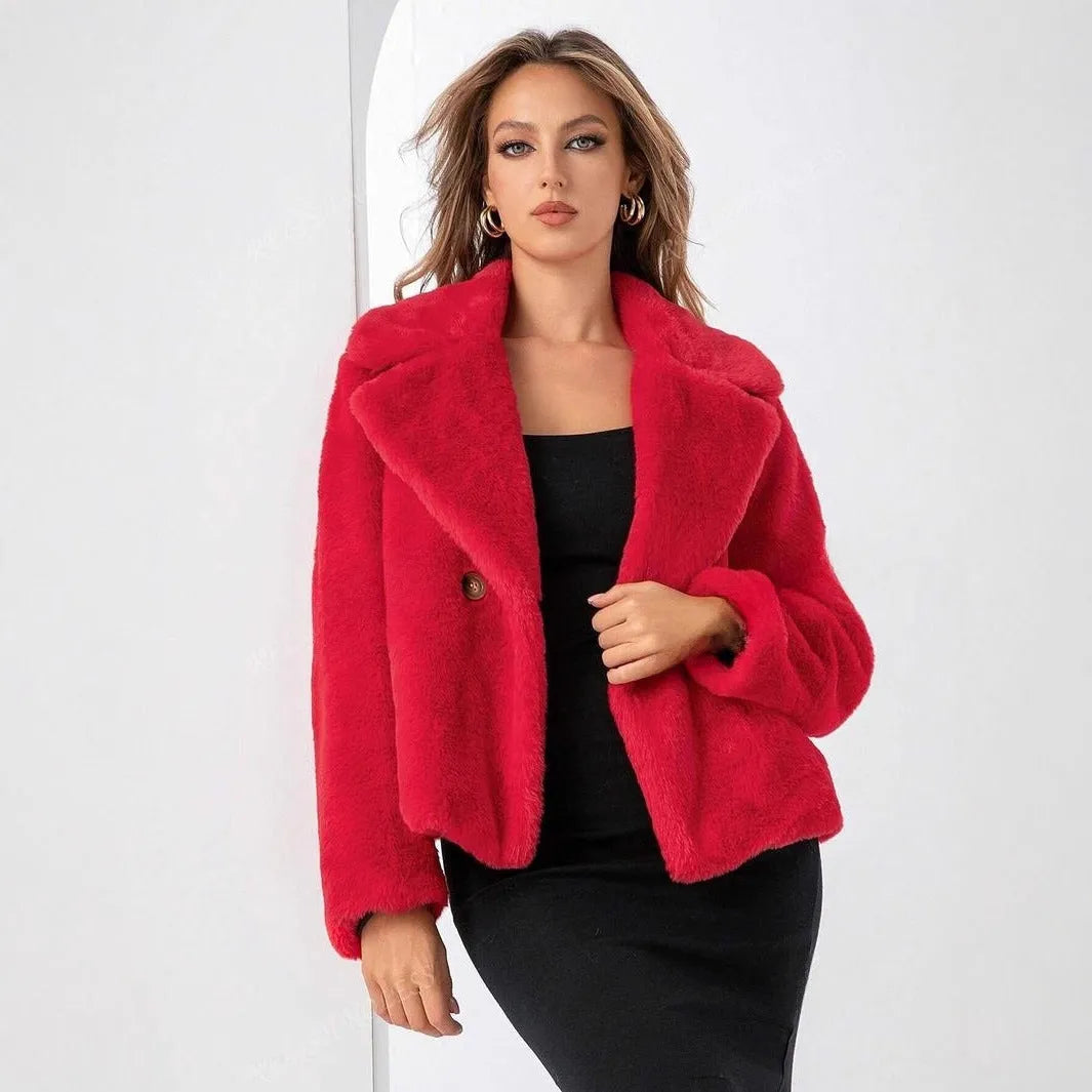 Loose short women's coat in rose red faux fur with regular sleeves on a hanger.