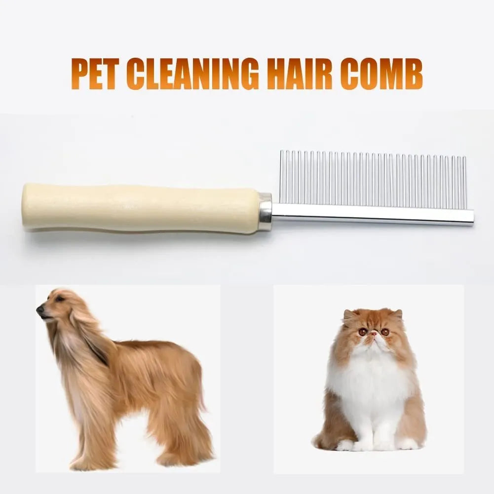 Wooden handle pet grooming comb showing three configuration types for dogs and cats